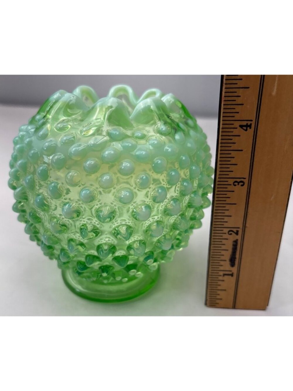 Fenton Green Opalescent Hobnail Vase Ruffled Edge Vintage Elegant Collectible De - Picture 7 of 11
